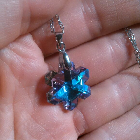 Mystic Color Crystal Snowflake Brass Pendant Stainless Steel Necklace - Picture 13 of 16